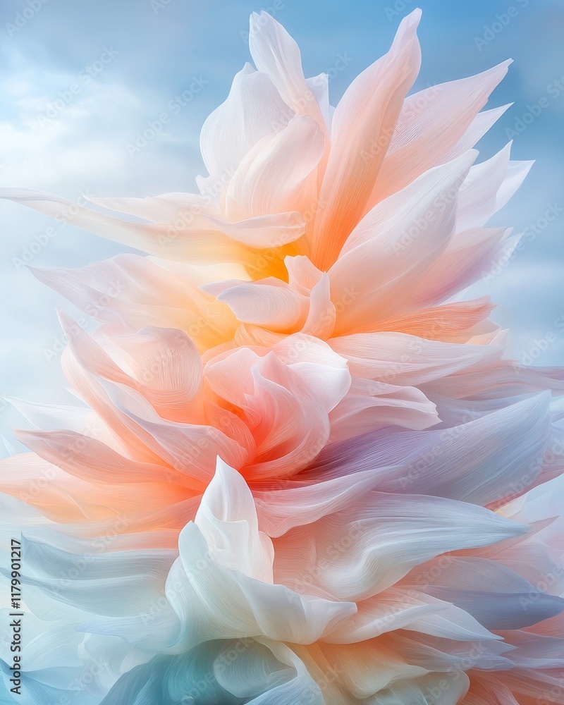 Fototapeta premium Abstract Pastel Flower Petals Soft Peach and Blue Hues Swirling Silk Texture Artistic Floral