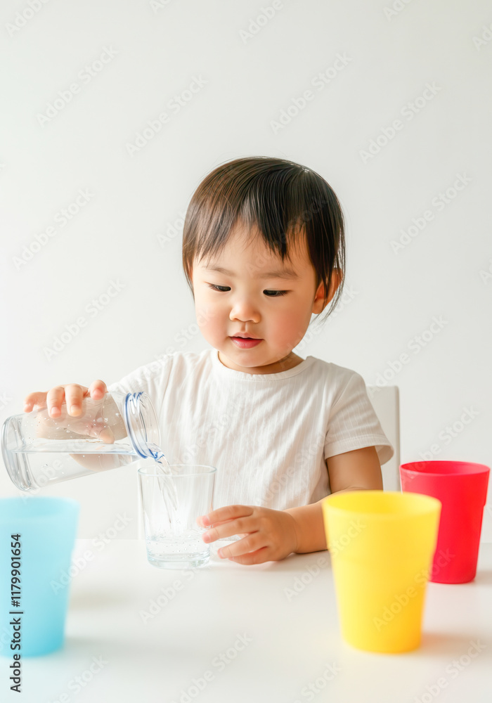 Asian young child pouring water into glass at colorful table Asian young child pouring water into glass at colorful table