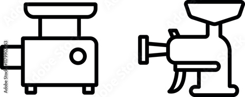 "Meat Grinder Vector Icon Set - Kitchen Appliance and Food Preparation Illustrations"