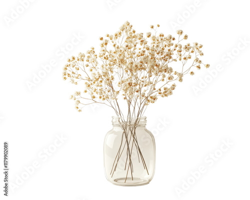 Dried flowers in a glass vase with a transparent background.