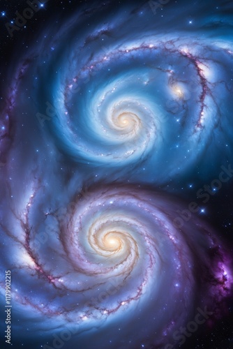 Two spiral galaxies are shown in a blue sky background
