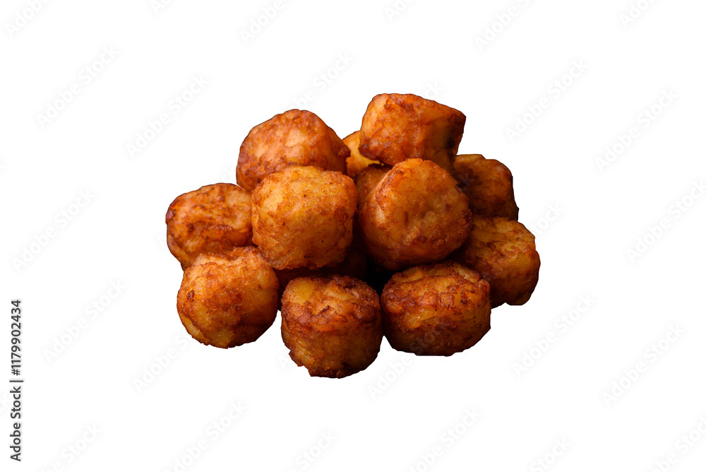 Delicious fried potato balls or croquettes with salt, spices and herbs Delicious fried potato balls or croquettes with salt, spices and herbs