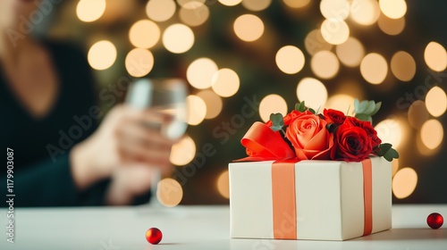 A festive holiday scene featuring a decorative white gift box with ribbon and a floral arrangement of red roses. Hand holds glass of champaine on background photo