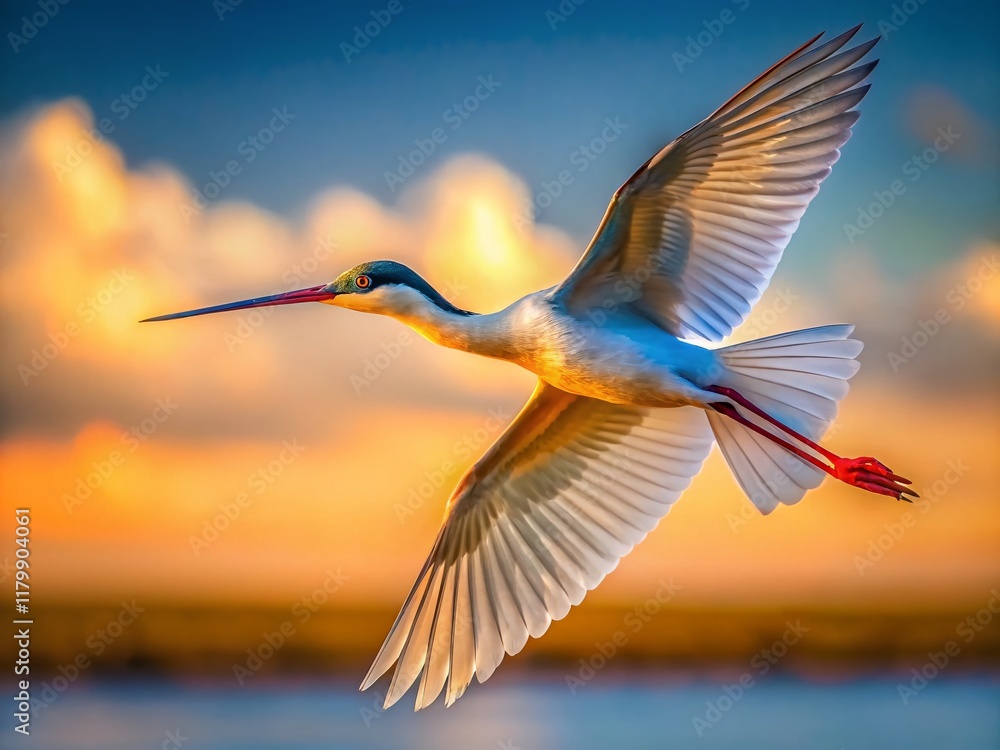 Minimalist Bird Photography: Elegant Long-Beaked Bird in Flight Minimalist Bird Photography: Elegant Long-Beaked Bird in Flight