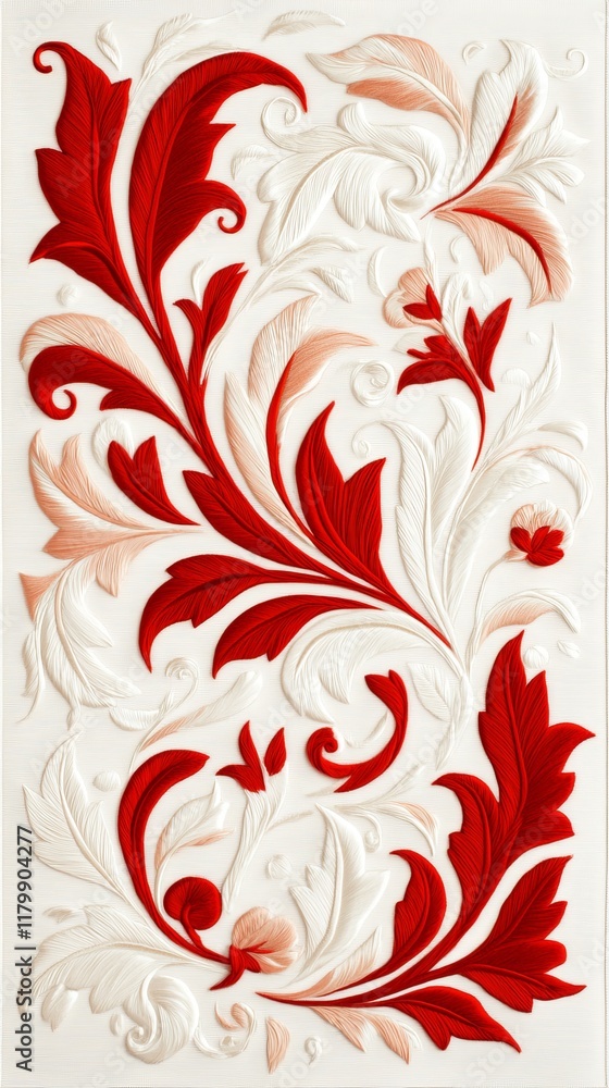 Elegant Red and White Floral Embroidery Design Intricate Filigree Vintage Style Textile Art Elegant Red and White Floral Embroidery Design Intricate Filigree Vintage Style Textile Art
