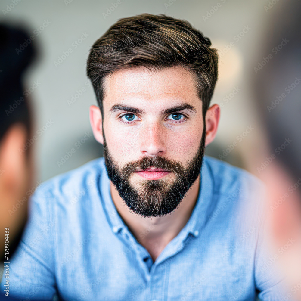 Obraz premium A man with a beard and blue shirt is looking at the camera