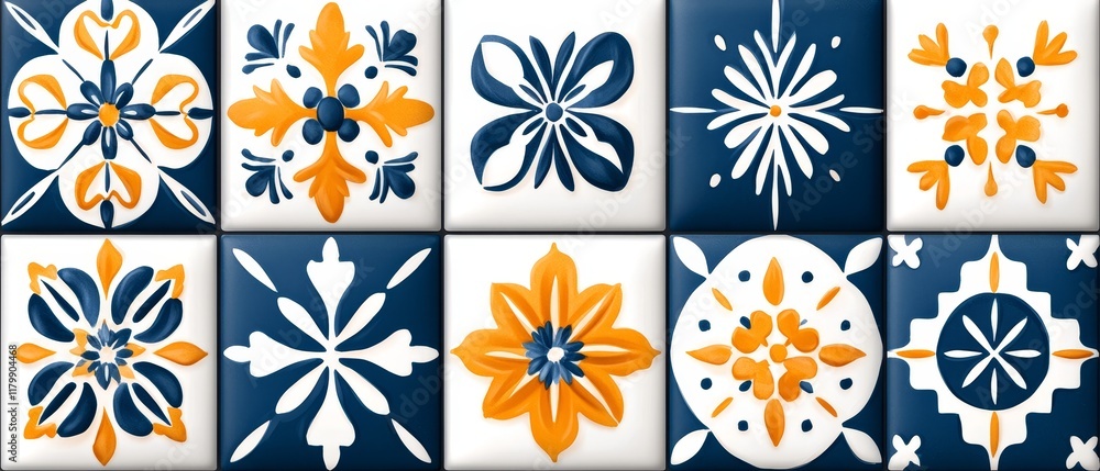 Vibrant Blue and Orange Floral Tile Pattern Decorative Ceramic Tiles Home Decor Background