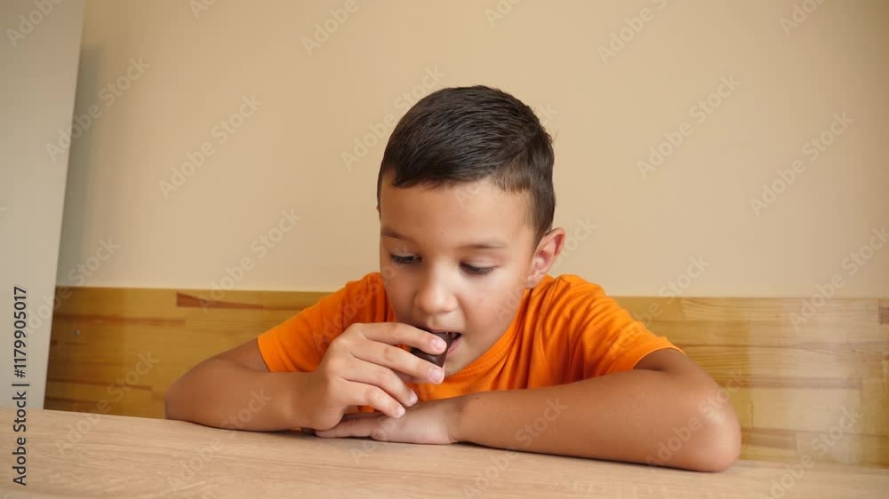 The boy is eating chocolate while sitting at the table. The boy is eating chocolate while sitting at the table.