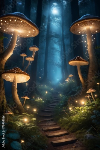 A forest scene with glowing mushrooms and a path