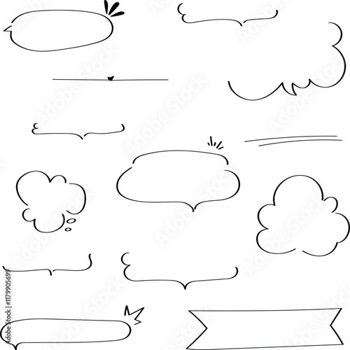 Vector set of black doodle style frame and cute bubble handwriting japan speech