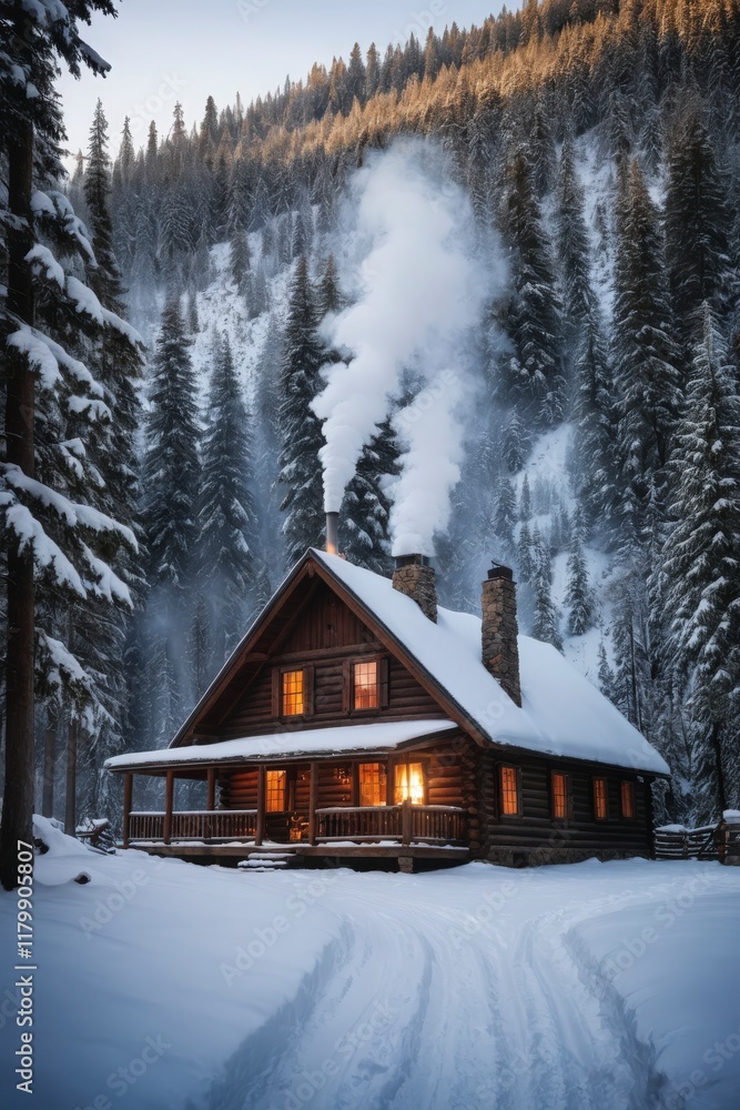 A cabin in the woods with a fireplace and smoke coming out of it A cabin in the woods with a fireplace and smoke coming out of it