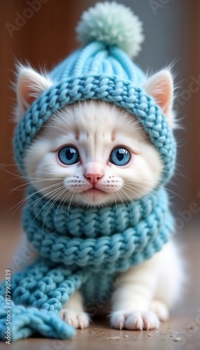 Cute white kitten in blue knitted hat and scarf, charming expression, cozy atmosphere