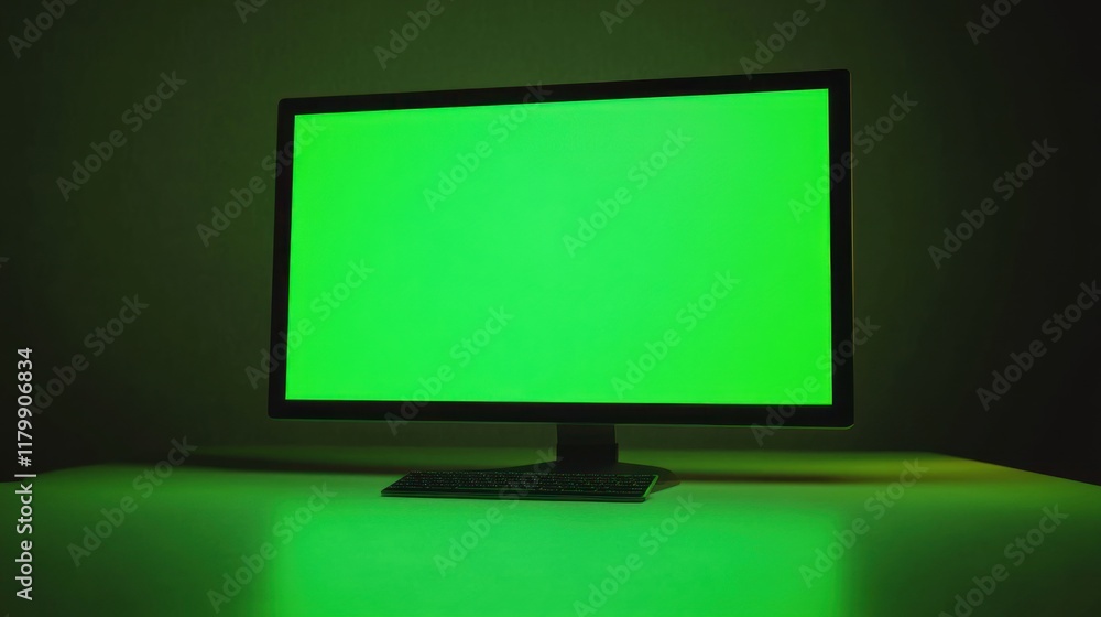 Green Screen Computer Desktop Setup in Dimly Lit Room A Perfect Mockup for Digital Content Green Screen Computer Desktop Setup in Dimly Lit Room A Perfect Mockup for Digital Content