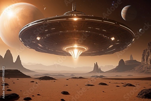 A large spaceship is flying through the sky above a desert