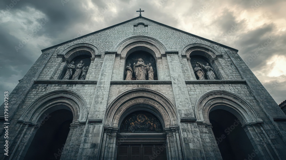 Fototapeta premium A Romanesque church with grand arches detailed carvings and a cloudy sky framing its bold silhouette