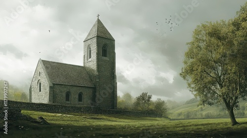 A Romanesque church with a square bell tower stone walls and small windows surrounded by green grass and trees photo