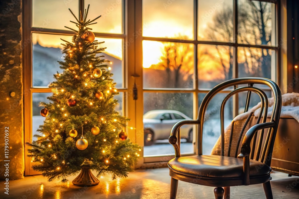 Fototapeta premium Minimalist Christmas Tree Reflection: Golden Hour Festive Workshop Scene