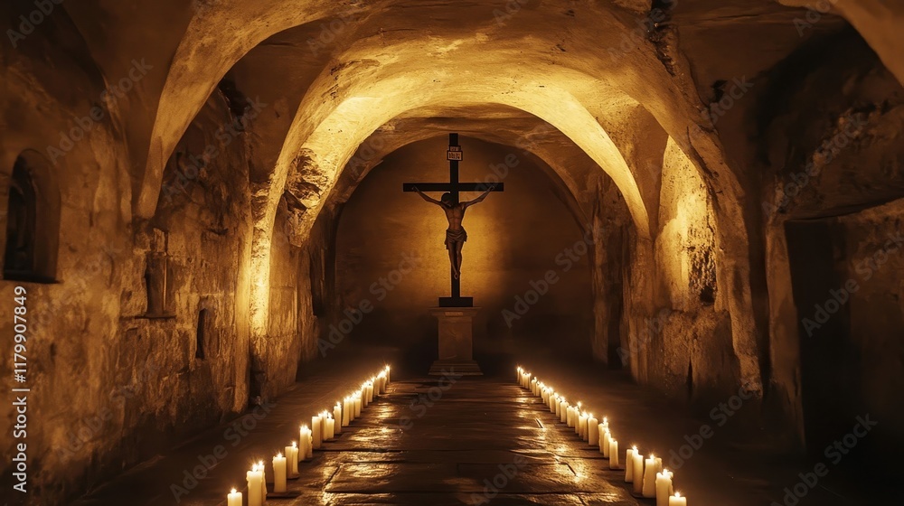 A small crypt with rounded stone arches a carved crucifix and candles casting warm light across the ancient stonework A small crypt with rounded stone arches a carved crucifix and candles casting warm light across the ancient stonework