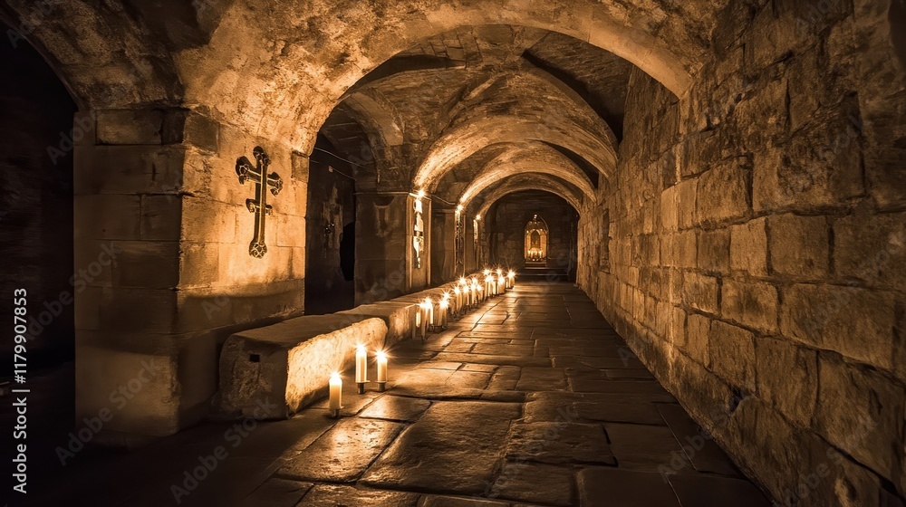 A narrow crypt with vaulted ceilings and stone slabs engraved with Christian symbols candlelight casting soft shadows A narrow crypt with vaulted ceilings and stone slabs engraved with Christian symbols candlelight casting soft shadows