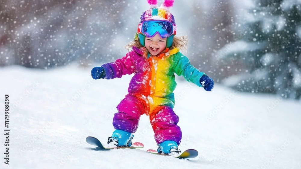 Child skiing joyfully in colorful winter attire on a snowy slope during a snowy day