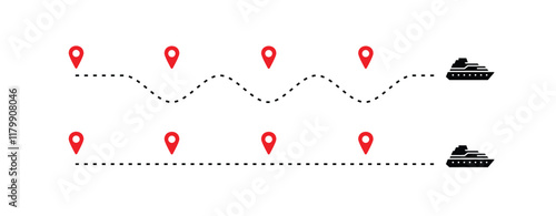 travel timeline dots, ship route dotted line with red map pins, transportation route chart