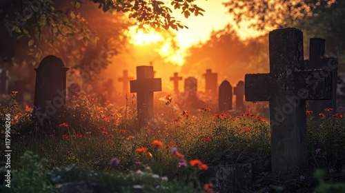 A cemetery with leaning stone crosses and wildflowers the setting sun casting orange light through trees and across the graves