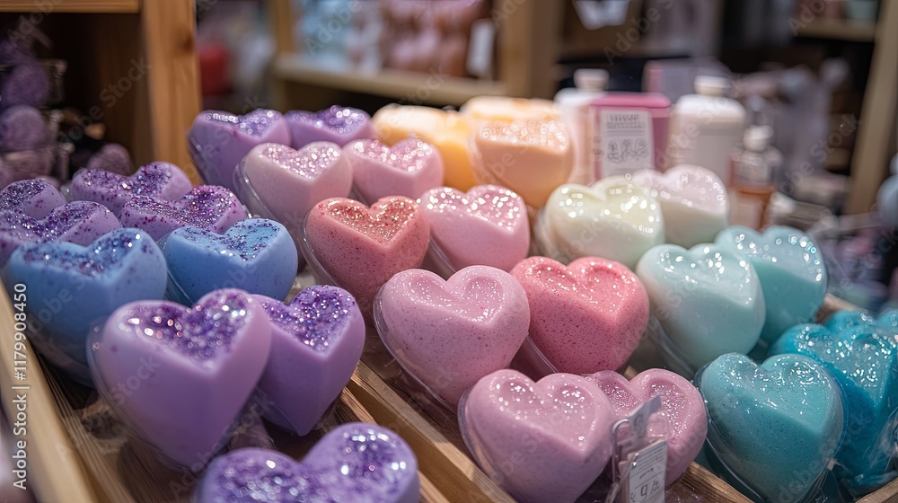 A small gift boutique selling heart-themed candles and bath bombs