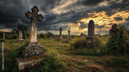 A desolate cemetery with worn stone crosses overgrown grass and dark clouds above casting a moody dramatic atmosphere on the graves
