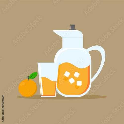 orange juice. fresh orange ice. cold orange flavored drink. healthy drink. vitamin c. vector illustration. orange juice in jug and glass