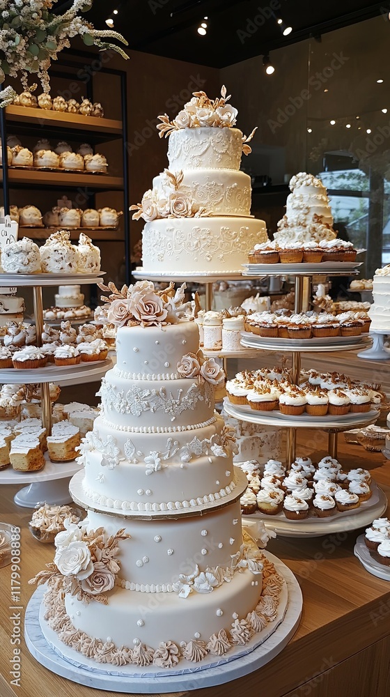 A sparkling bakery display with tiered wedding cakes and decorative pastries A sparkling bakery display with tiered wedding cakes and decorative pastries