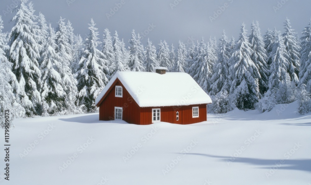 Naklejka premium Snowy red cabin winter wonderland forest postcard