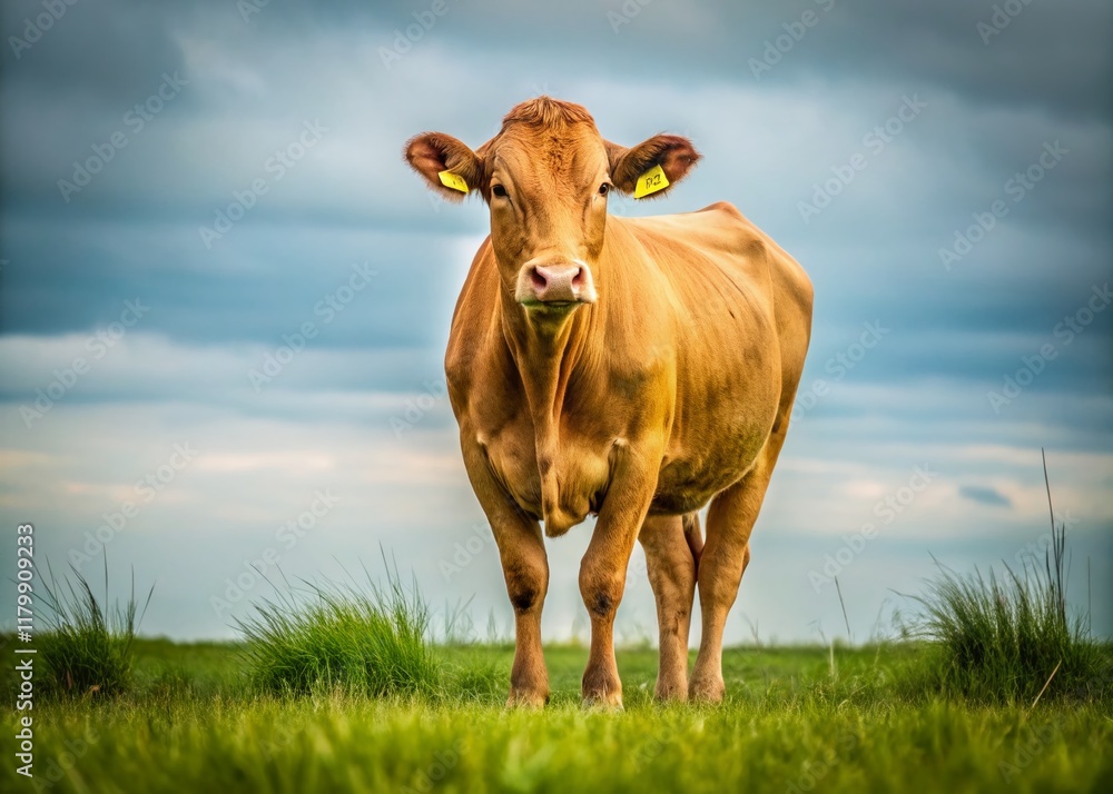 Minimalist Cow Portrait: Single Brown Cow Standing in Field Minimalist Cow Portrait: Single Brown Cow Standing in Field