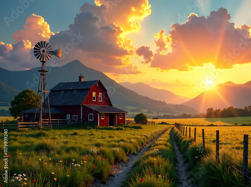 Rural sunset over a farm with a barn and windmill against a backdrop of mountains and open fields new image