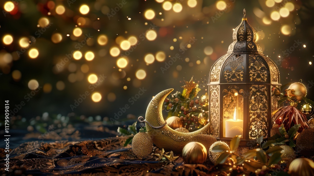 A decorative lantern with a candle, surrounded by festive ornaments and soft bokeh lights. A decorative lantern with a candle, surrounded by festive ornaments and soft bokeh lights.