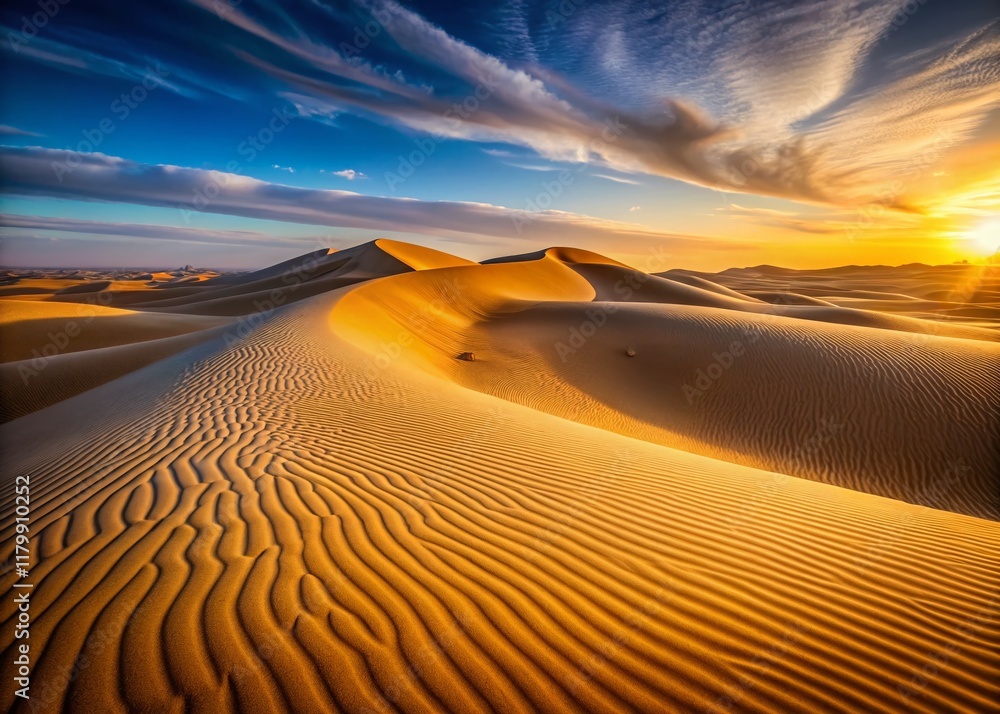 Naklejka premium Minimalist Desert Landscape: Smooth Sand Dunes at Sunset