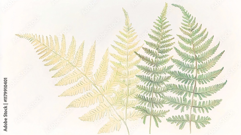 Naklejka premium pastel-colored illustration of a fern, with light green and yellowish hues, gently arranged in a natural flowing shape, isolated on a white background. [Fern]:[isolate on white background] 