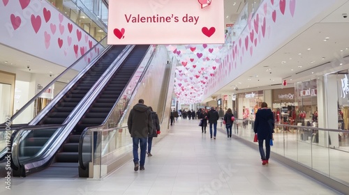 Valentine's Day decorations create a festive atmosphere in a busy shopping mall during peak hours