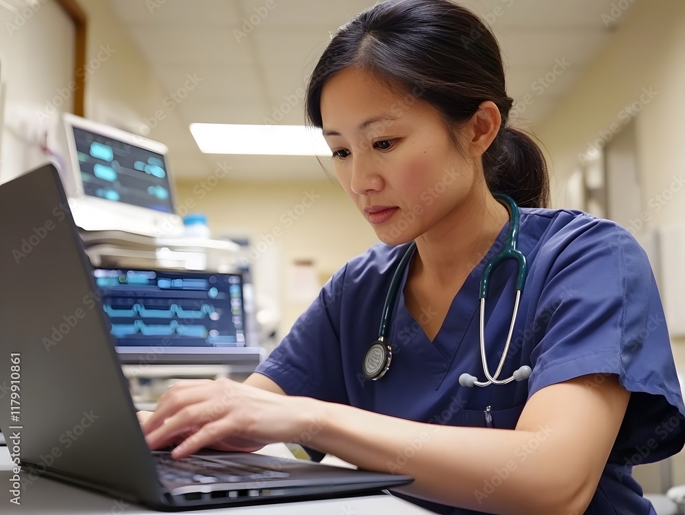 Focused Female Healthcare Professional Using Laptop in Medical Environment with Stethoscope Around Neck and Vital Signs Monitors in Background Focused Female Healthcare Professional Using Laptop in Medical Environment with Stethoscope Around Neck and Vital Signs Monitors in Background