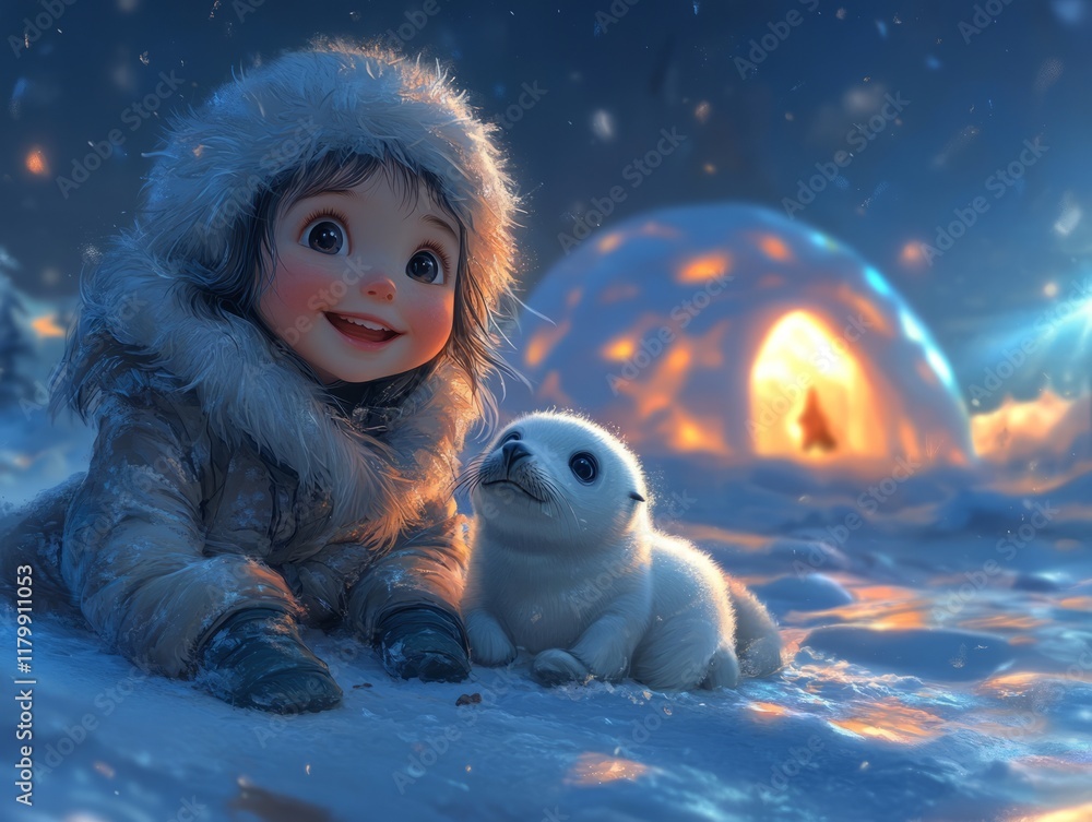 Obraz premium small cute Eskimo girl, she feeds a small baby seal with a fish