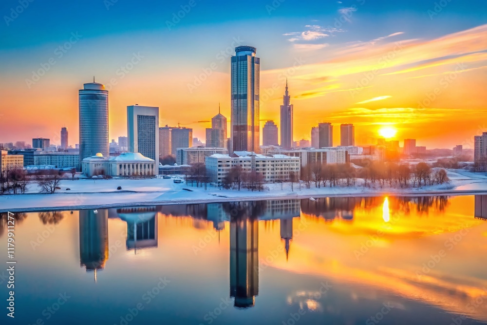 Naklejka premium Minimalist Ekaterinburg Cityscape: Sverdlovsk Oblast Skyline at Dawn