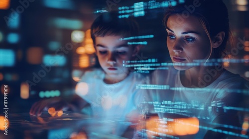 Boy and mother about data analysis during work