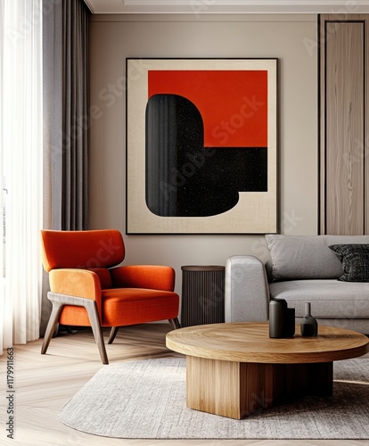 Wallpaper Mural Modern minimalist living room, abstract geometric artwork, orange accent chair, gray sofa, wooden coffee table, neutral tones, clean lines, sleek design, uncluttered space, contemporary interior, brig Torontodigital.ca
