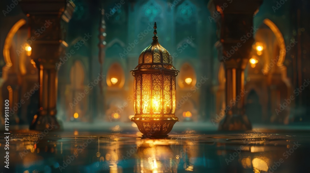 Obraz premium A glowing lantern illuminates a beautifully designed architectural space.