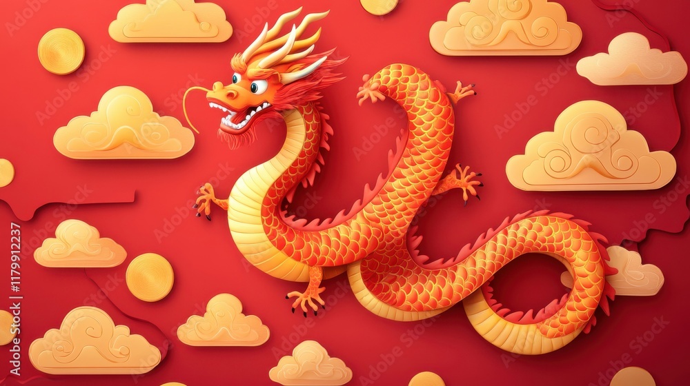 Obraz premium Vibrant Chinese dragon artwork with clouds and golden elements against a red backdrop