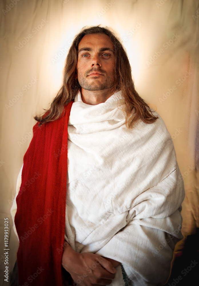 portrait of a handsome, bearded man in a white robe resembling Christ of spiritual person
