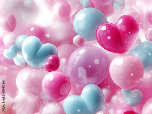 A romantic abstract background featuring glossy pink and blue hearts