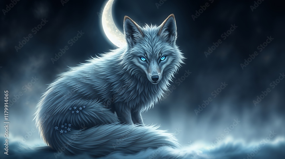 Pale blue fox sits in a moonlit clearing, gazing forward with bright blue eyes Pale blue fox sits in a moonlit clearing, gazing forward with bright blue eyes
