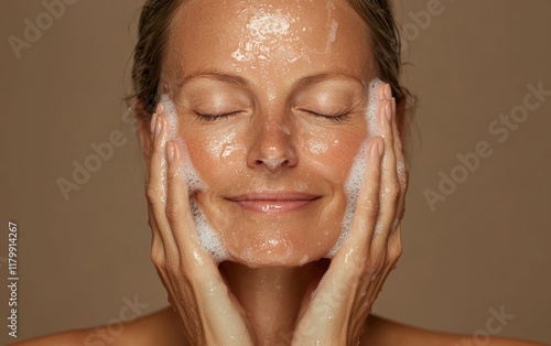 Wallpaper Mural A beautiful middle-aged woman washes her face with foamy water, she has a serene expression, against a beige background, in an advertisement for skin rejuvenation Torontodigital.ca