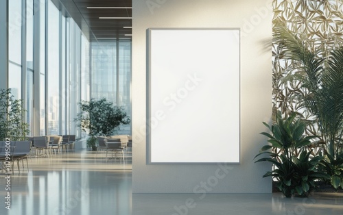 Blank white screen mockup positioned in a sophisticated conference room for advertising