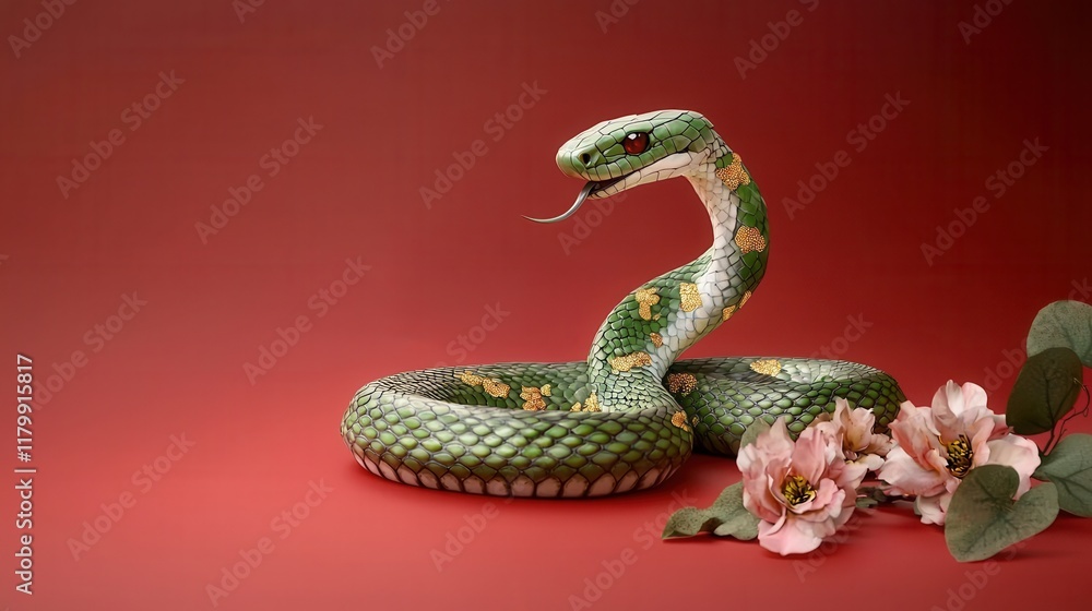 Fototapeta premium Chinese New Year 2025, A vibrant green snake with intricate patterns poses against a red background, accompanied by delicate pink flowers.